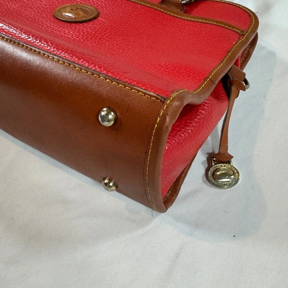 Vintage Dooney & Bourke All Weather Leather Satchel Handbag Red Tan Duck Fob